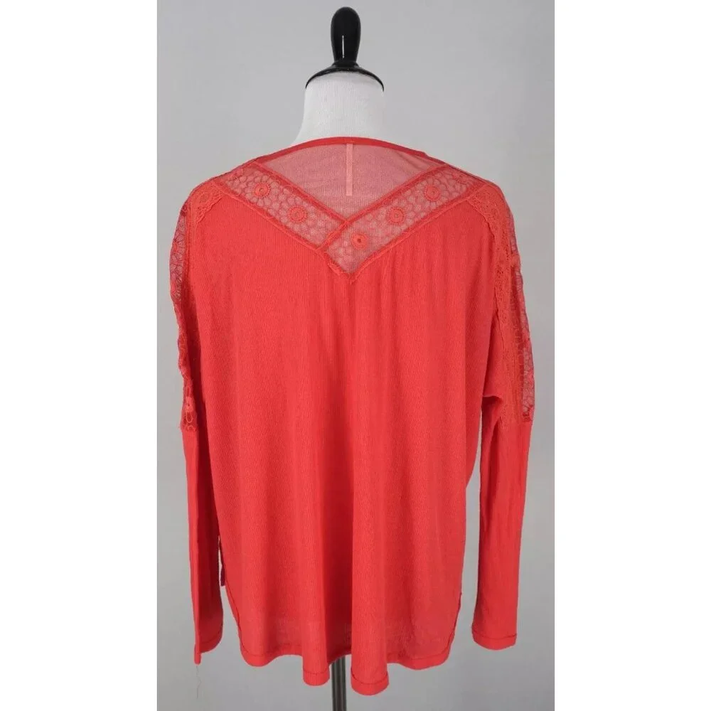 Free People Pink Lola Lace Floral V-Neck Sheer Coral Top Shirt Size Small